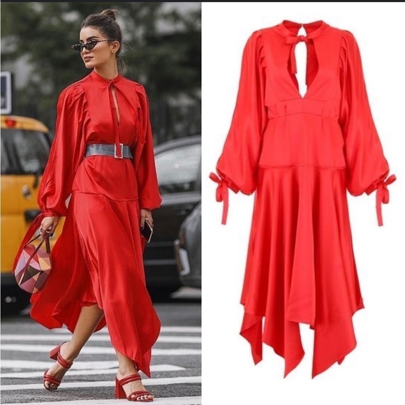 Self-Portrait Asymmetric Cutout Satin Peplum Midi Dress - Picture 4 of 14